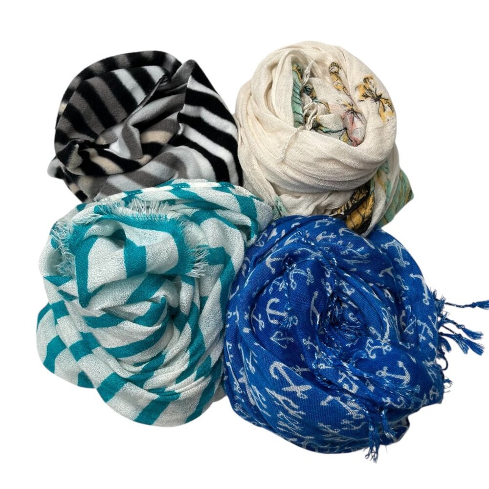 Set Of 4 Womens Scarfs ; nautical striped and butterfly prints